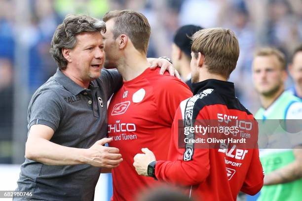 Head coach Jeff Saibene of Bielefeld celebrate after the Second Bundesliga match between DSC Arminia Bielefeld and Eintracht Braunschweig at Schueco...