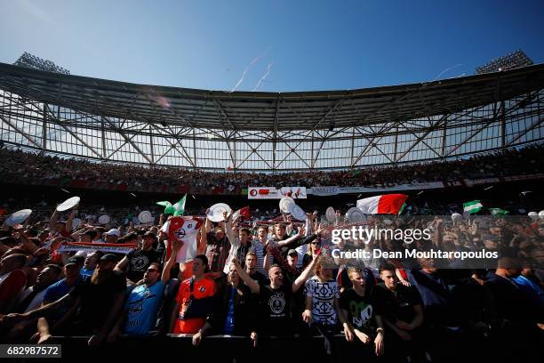 Feyenoord Rotterdam fans celebrate after winning the Dutch Eredivisie at De Kuip or Stadion Feijenoord on May 14, 2017 in Rotterdam, Netherlands.