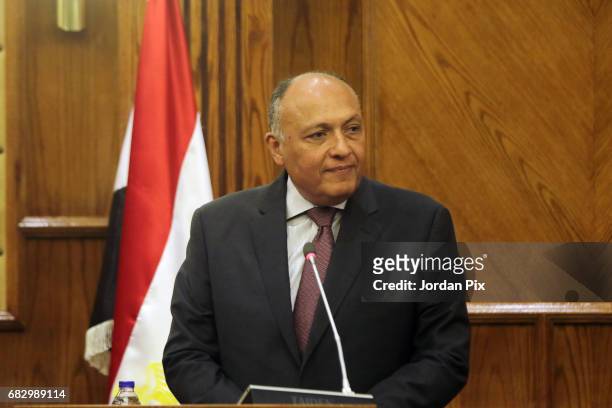 Egyptian foreign minister Sameh Shokri attends a joint press conference with Jordan's foreign minister Ayman Al Safadi and Palestinian lead...