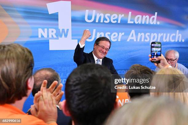 Armin Laschet, the lead candidate of the German Christian Democrats , celebrates with supporters after the CDU win the North Rhine-Westphalia state...