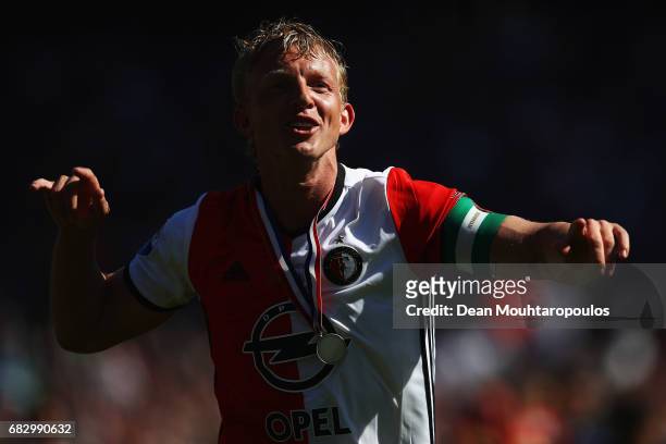 Captain, Dirk Kuyt of Feyenoord Rotterdam celebrates in front of the home fans after winning the Dutch Eredivisie at De Kuip or Stadion Feijenoord on...