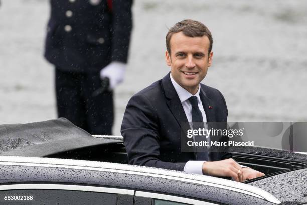 Newly-elected President Emmanuel Macron is seen on the Champs-Elysees avenue after the handover ceremony with France's outgoing President Francois...