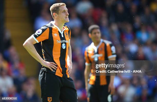 Dejected looking Michael Dawson of Hull City during the Premier League match between Crystal Palace and Hull City at Selhurst Park on May 14, 2017 in...