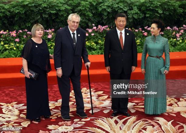 Czech President Milos Zeman , his wife Ivana Zemanova , Chinese President XI Jinping , his wife Peng Liyan pose for a photo prior to the dinner...