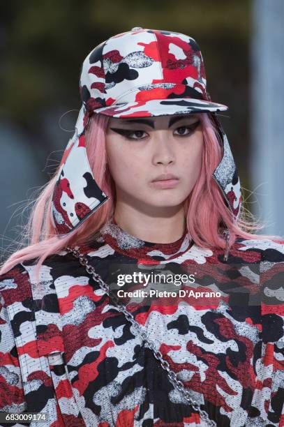 Fernanda Ly, hat detail, showcases the design on runway during the Louis Vuitton Resort 2018 show at the Miho Museum on May 14, 2017 in Koka, Japan.