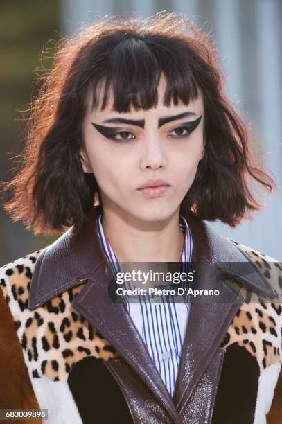 Rila Fukushima, beauty detail, showcases the design on runway during the Louis Vuitton Resort 2018 show at the Miho Museum on May 14, 2017 in Koka,...