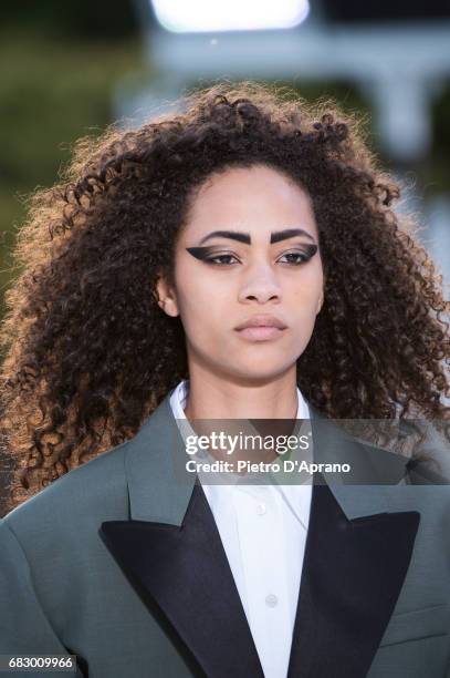 Selena Forrest, beauty detail, showcases the design on runway during the Louis Vuitton Resort 2018 show at the Miho Museum on May 14, 2017 in Koka,...