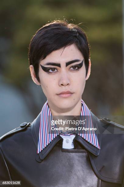 Model, beauty detail, showcases the design on runway during the Louis Vuitton Resort 2018 show at the Miho Museum on May 14, 2017 in Koka, Japan.