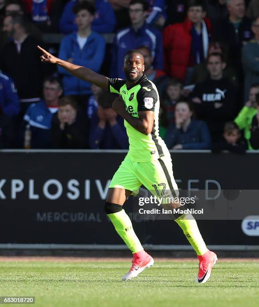 Joel Grant of Exeter City celebrates after he scores the opening goal the Sky Bet League Two match between Carlise United and Exeter City at Brunton...