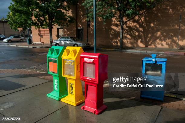 colorful newsstands at street of flagstaff city, arizona state, usa - news stand stock pictures, royalty-free photos & images