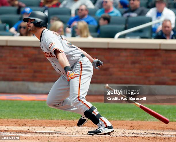 May 10: Justin Ruggiano of the San Francisco Giants hits a single in an MLB baseball game against the New York Mets on May 10, 2017 at CitiField in...