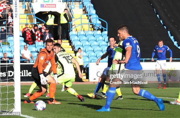 Nicky Adams of Carlisle United scores the Sky Bet League Two match between Carlise United and Exeter City at Brunton Park on May 14, 2017 in...