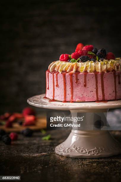 berry layer cake with whipped cream - strawberry shortcake stock pictures, royalty-free photos & images