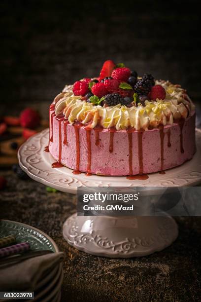 berry layer cake with whipped cream - strawberry shortcake stock pictures, royalty-free photos & images