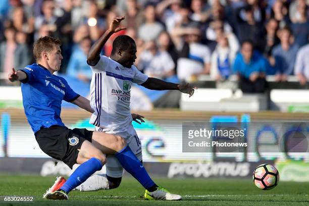 Bjorn Engels defender of Club Brugge makes a penalty fault on Frank Acheampong forward of RSC Anderlecht during the Jupiler Pro League play-off 1...