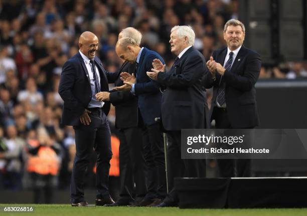 Stephen Carr, Phil Beal, Steve Archibald, Les Allen and Clive Allen look on during the closing ceremony after the Premier League match between...