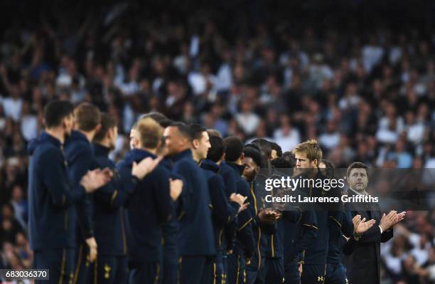 Mauricio Pochettino, Manager of Tottenham Hotspur looks on during the closing ceremony after the Premier League match between Tottenham Hotspur and...