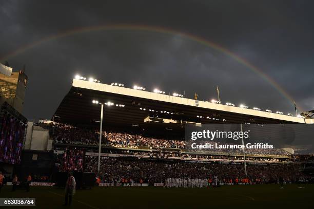 Rainbow is seen over the stadium during the closing ceremony after the Premier League match between Tottenham Hotspur and Manchester United at White...