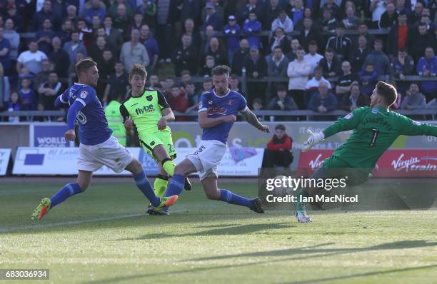 David Wheeler of Exeter City scores his team's third goal during the Sky Bet League Two match between Carlise United and Exeter City at Brunton Park...