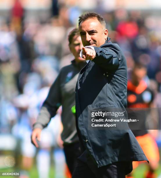 Sheffield Wednesday manager Carlos Carvalhal waves to the fans at the end of the Sky Bet Championship Play-Off Semi Final First Leg match between...