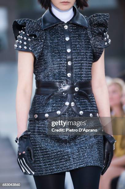 Model, dress detail, showcases the design on runway during the Louis Vuitton Resort 2018 show at the Miho Museum on May 14, 2017 in Koka, Japan.