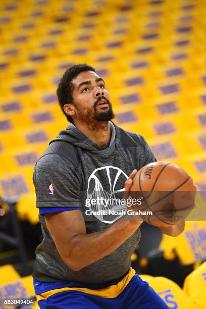 James Michael McAdoo of the Golden State Warriors warms up before the game against the San Antonio Spurs during Game One of the Western Conference...