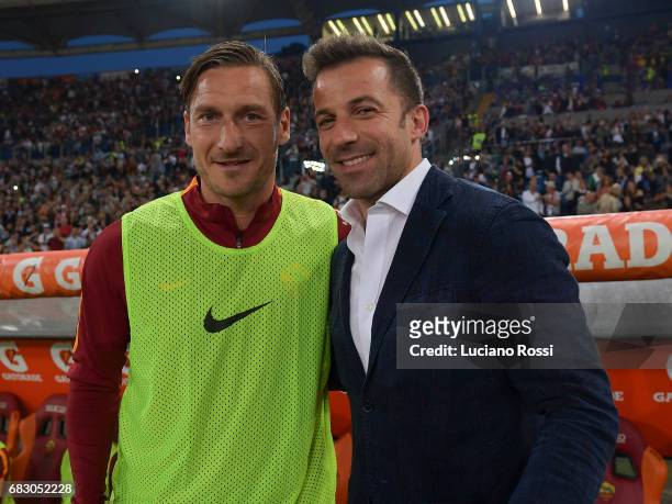 Roma player Francesco Totti with ex FC Juventus player Alex Del Piero before the Serie A match between AS Roma and Juventus FC at Stadio Olimpico on...