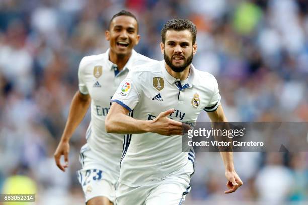 Nacho Fernandez of Real Madrid celebrates after scoring the opening goal during the La Liga match between Real Madrid and Sevilla FC at Estadio...