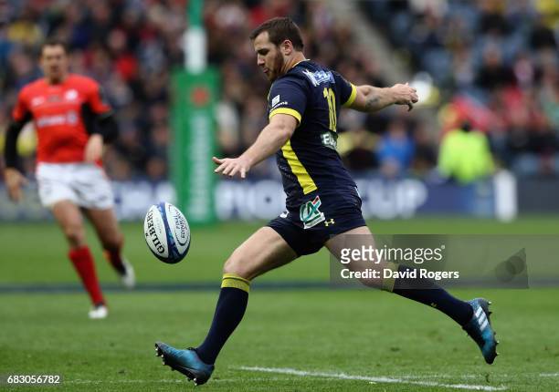 Camille Lopez of Clermont Auvergne clears the ball upfield during the European Rugby Champions Cup Final between ASM Clermont Auvergen and Saracens...