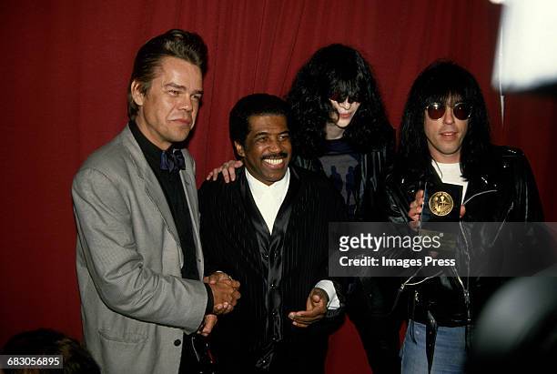 David Johansen, Ben E. King, Joey Ramone and Tommy Ramone attend the 1988 New York Music Awards circa 1988 in New York City.