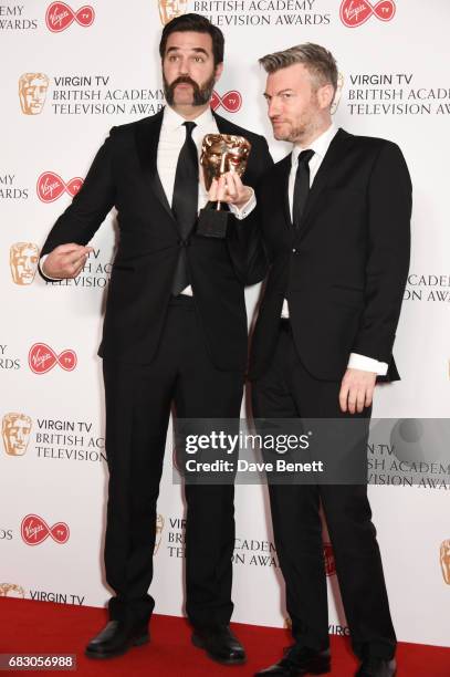 Rob Delaney and Charlie Brooker, winner of the Comedy Entertainment Programme for "Charlie Brooker's 2016 Wipe", pose in the Winner's room at the...