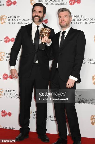 Rob Delaney and Charlie Brooker, winner of the Comedy Entertainment Programme for "Charlie Brooker's 2016 Wipe", pose in the Winner's room at the...
