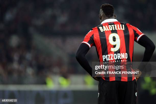Nice's Italian forward Mario Balotelli looks on during the French L1 football match between Nice and Angers, on May 14 at the Allianz Riviera stadium...
