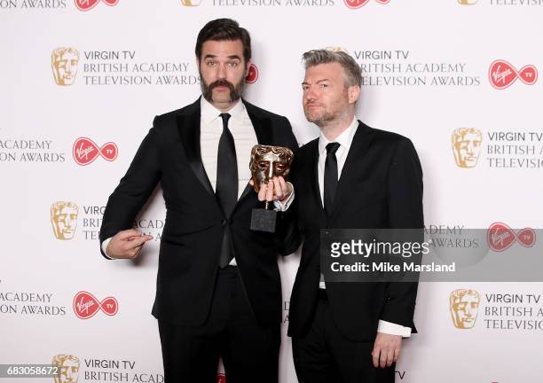 Rob Delaney with Charlie Brooker, winner of the Comedy Entertainment Programme for 'Charlie Brooker's 2016 Wipe', in the Winner's room at the Virgin...