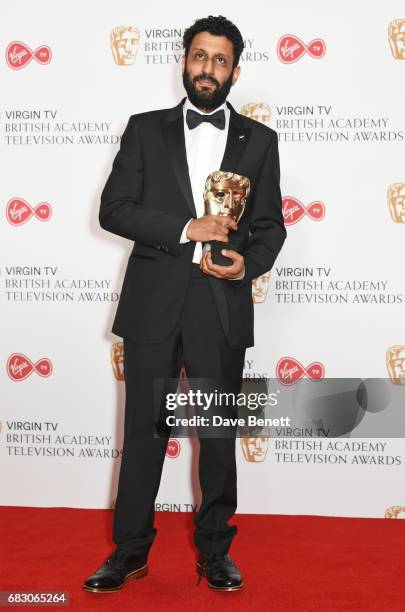 Adeel Akhtar, winner of the Leading Actor award for "Murdered By My Father", poses in the Winner's room at the Virgin TV BAFTA Television Awards at...