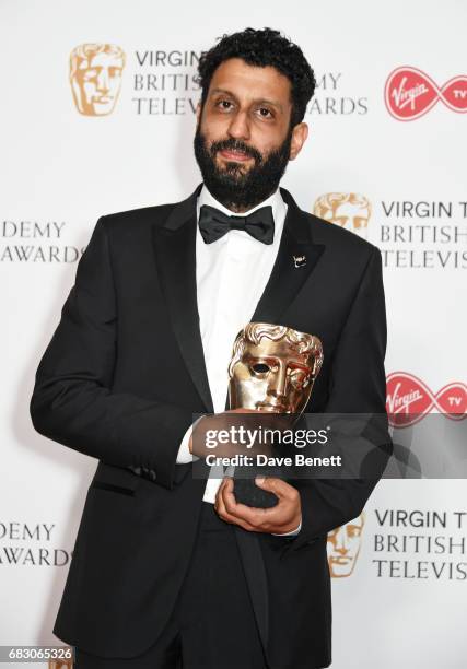 Adeel Akhtar, winner of the Leading Actor award for "Murdered By My Father", poses in the Winner's room at the Virgin TV BAFTA Television Awards at...