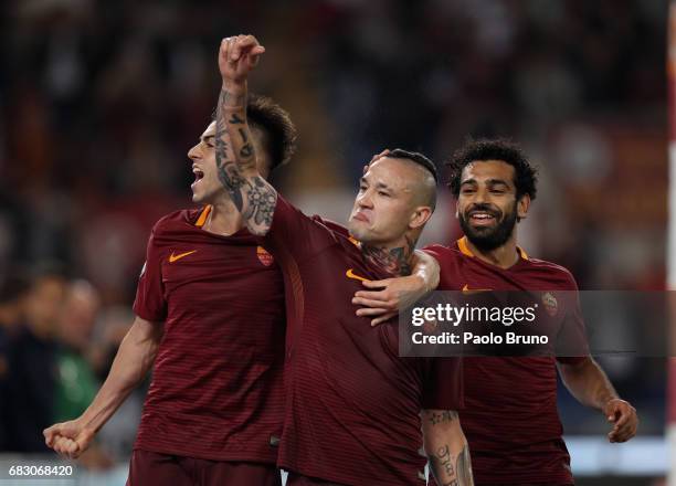 Radja Nainggolan with his teammate Stefan El Shaarawy of AS Roma celebrates after scoring the team's third goal during the Serie A match between AS...