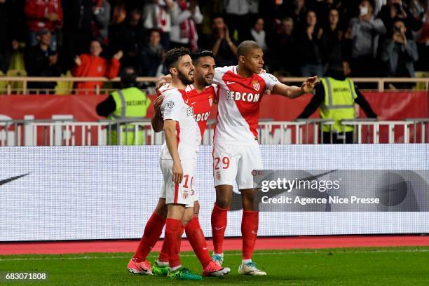 Joy of Radamel Falcao and Bernardo Silva and Kylian Mbappe of Monaco during the Ligue1 match between As Monaco and Lille OSC at Louis II Stadium on...