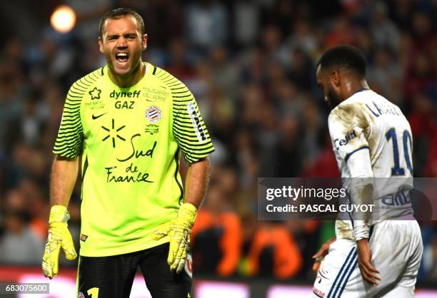 Montpellier's French goalkeeper Laurent Pionnier reacts during the French L1 football match between Montpellier and Lyon , on May 14, 2017 at the la...