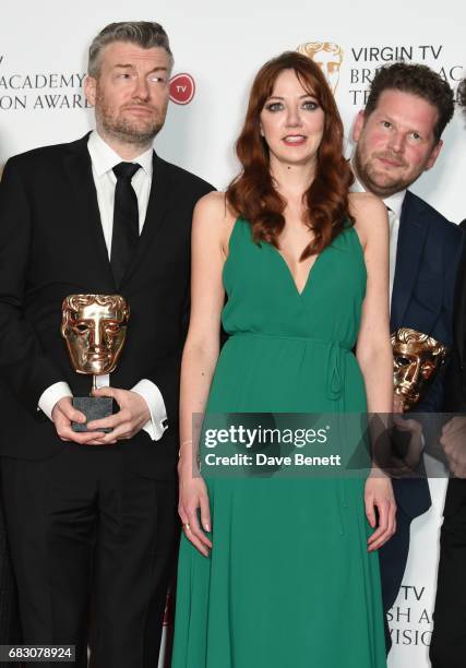 Charlie Brooker, Diane Morgan and Lorry Powles, winners of the Comedy & Comedy Entertainment Programme for "Charlie Brooker's 2016 Wipe", pose in the...