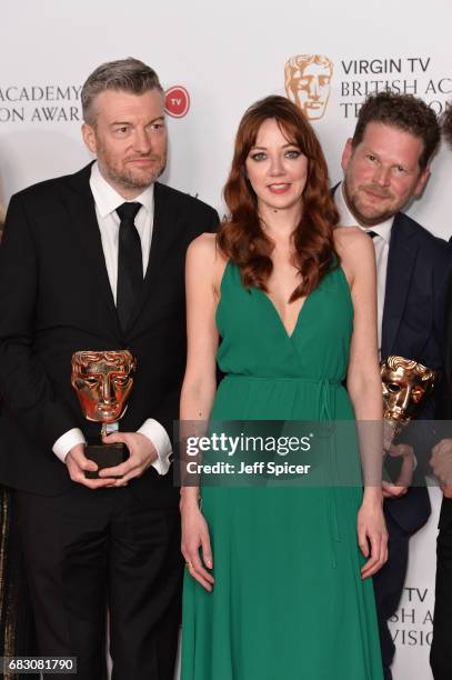 Charlie Brooker, Diane Morgan and Lorry Powles, winners of the Comedy & Comedy Entertainment Programme for 'Charlie Brooker's 2016 Wipe', pose in the...