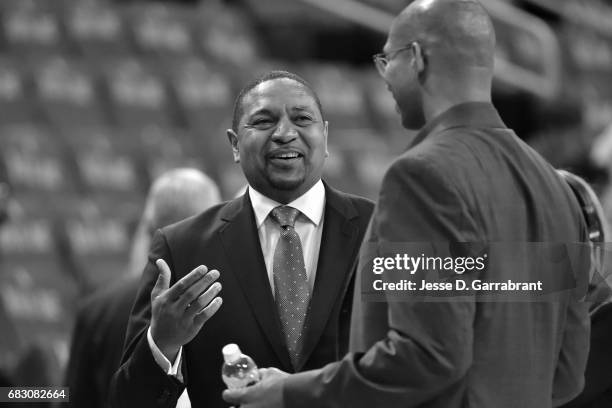 Analyst, Mark Jackson talks with Monty Williams, vice president of basketball operations for the San Antonio Spurs, before Game Six of the Western...