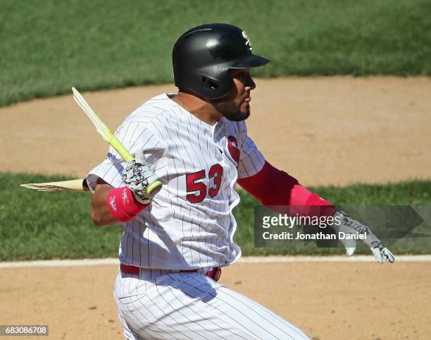 Melky Cabrera of the Chicago White Sox hits a pinch hit, broken bat, two run single in the 8th inning against the San Diego Padres at Guaranteed Rate...