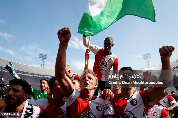 Captain, Dirk Kuyt of Feyenoord Rotterdam leads celebrations with team mates after winning the Dutch Eredivisie at De Kuip or Stadion Feijenoord on...