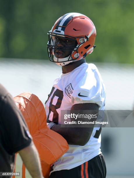 Offensive lineman Roderick Johnson of the Cleveland Browns takes part in a drill during a rookie mini camp practice on May 13, 2017 at the Cleveland...