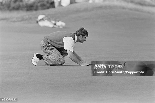 English golfer Nick Faldo pictured in action during competition to win the 1990 Open Championship by five strokes to become champion on the Old...