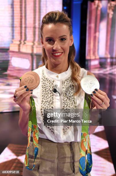 Tania Cagnotto attends 'Che Tempo Che Fa' tv show at Rai Milan Studios on May 14, 2017 in Milan, Italy.
