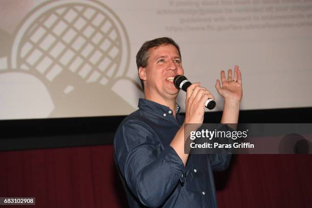 Author Jeff Kinney speaks onstage at "Diary Of A Wimpy Kid: The Long Haul" Atlanta screening hosted by Dwight Howard at Regal Atlantic Station on May...