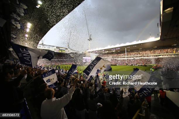 General view inside the stadium as Tottenham Hotspur fans celebrate after Preimer League match between Tottenham Hotspur and Manchester United at...