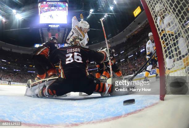 James Neal of the Nashville Predators scores a backhander past oaltender John Gibson of the Anaheim Ducks in the first period of Game Two of the...